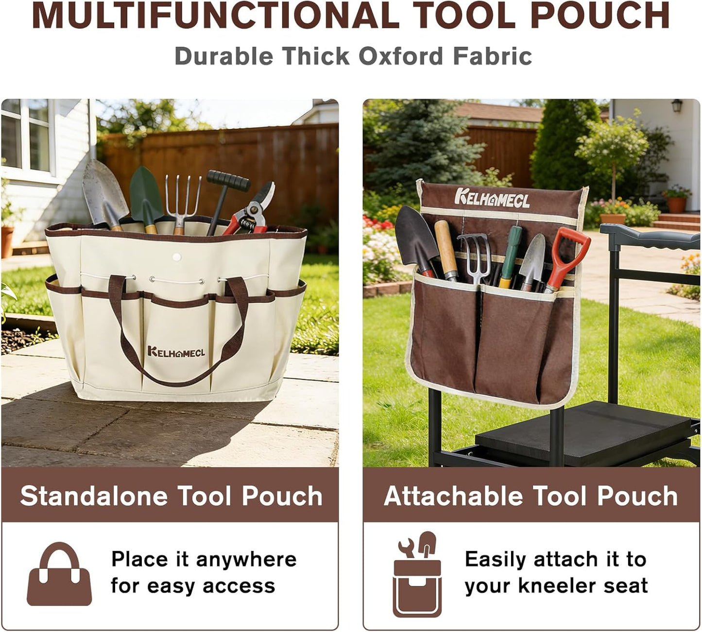 Garden Kneeler and Seat with Extra Wide Thick EVA Pad – Heavy Duty Foldable Gardening Bench Stool with Tool Pouches, Ergonomic Kneeling Seat for Seniors, Women & Men, Beige & Coffee Brown