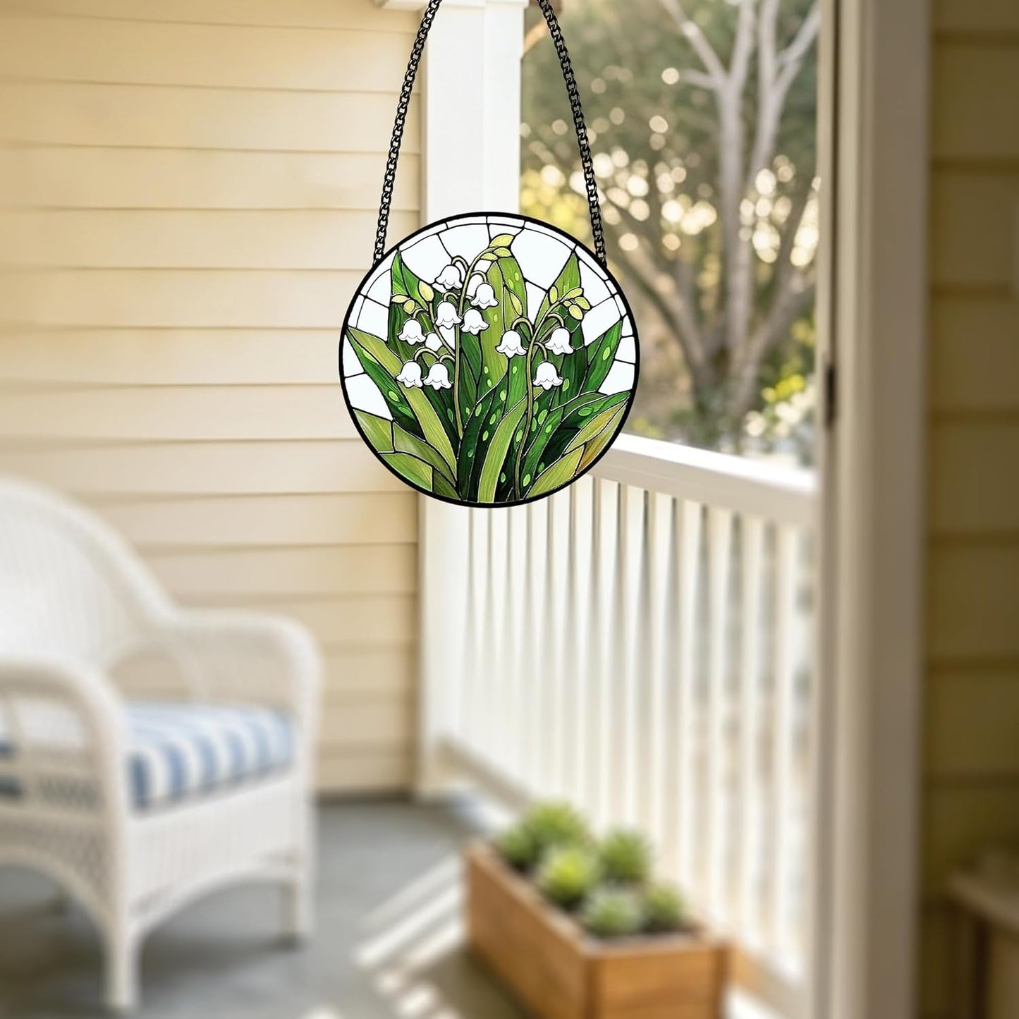 Stained Glass Lily of the Valley Suncatcher – Floral Window Hanging Decor with Chain, Green Glass Panel for Home, Garden & Meaningful Gift
