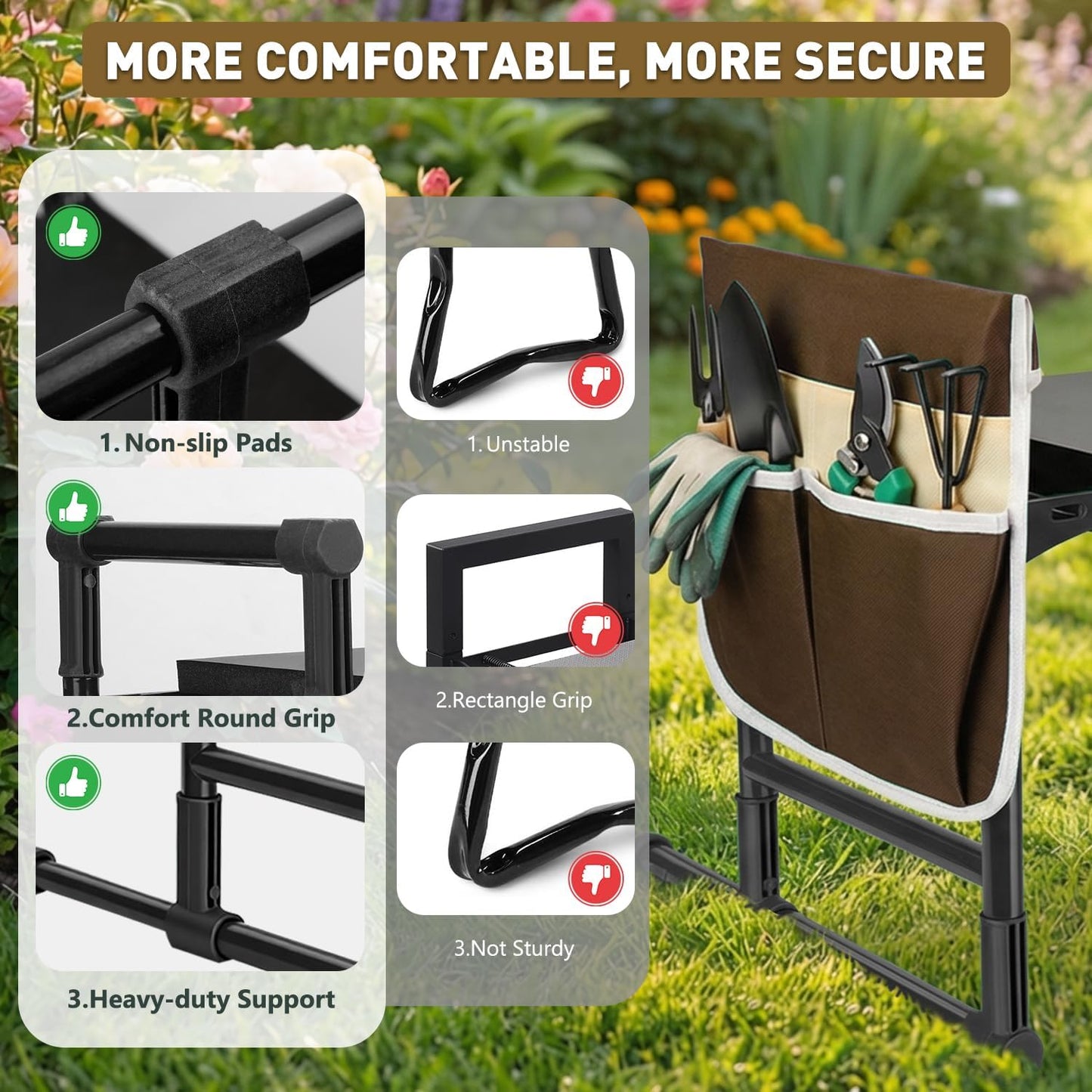 Heavy Duty Garden Kneeler and Seat for Seniors – Anti-Tip Folding Gardening Stool with Thick EVA Kneeling Pad, Extendable Support Legs & Sturdy Handles for Gardening, Black