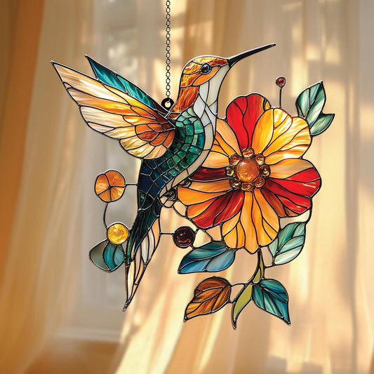 Hummingbird and Flower Acrylic Suncatcher Floral Bird Window Decor Gift for Garden Lovers Plant Mom