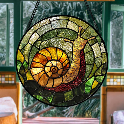 Stained Glass Window Hanging, Green Orange Snail Sun Catcher for Door Home Decor Suncatcher Christmas Mother's Day Birthday Gifts for Women Men Mom and Nana 7.8 in