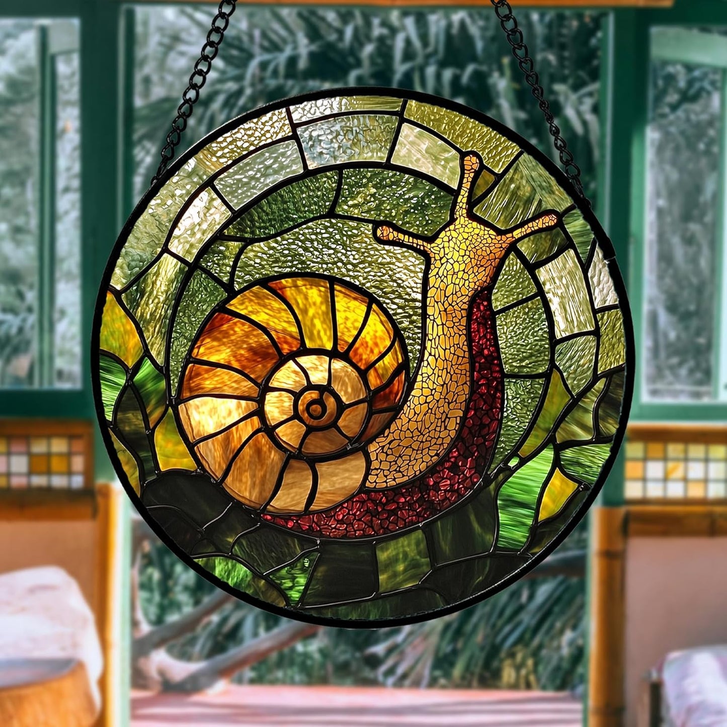 Stained Glass Window Hanging, Green Orange Snail Sun Catcher for Door Home Decor Suncatcher Christmas Mother's Day Birthday Gifts for Women Men Mom and Nana 6.3 in
