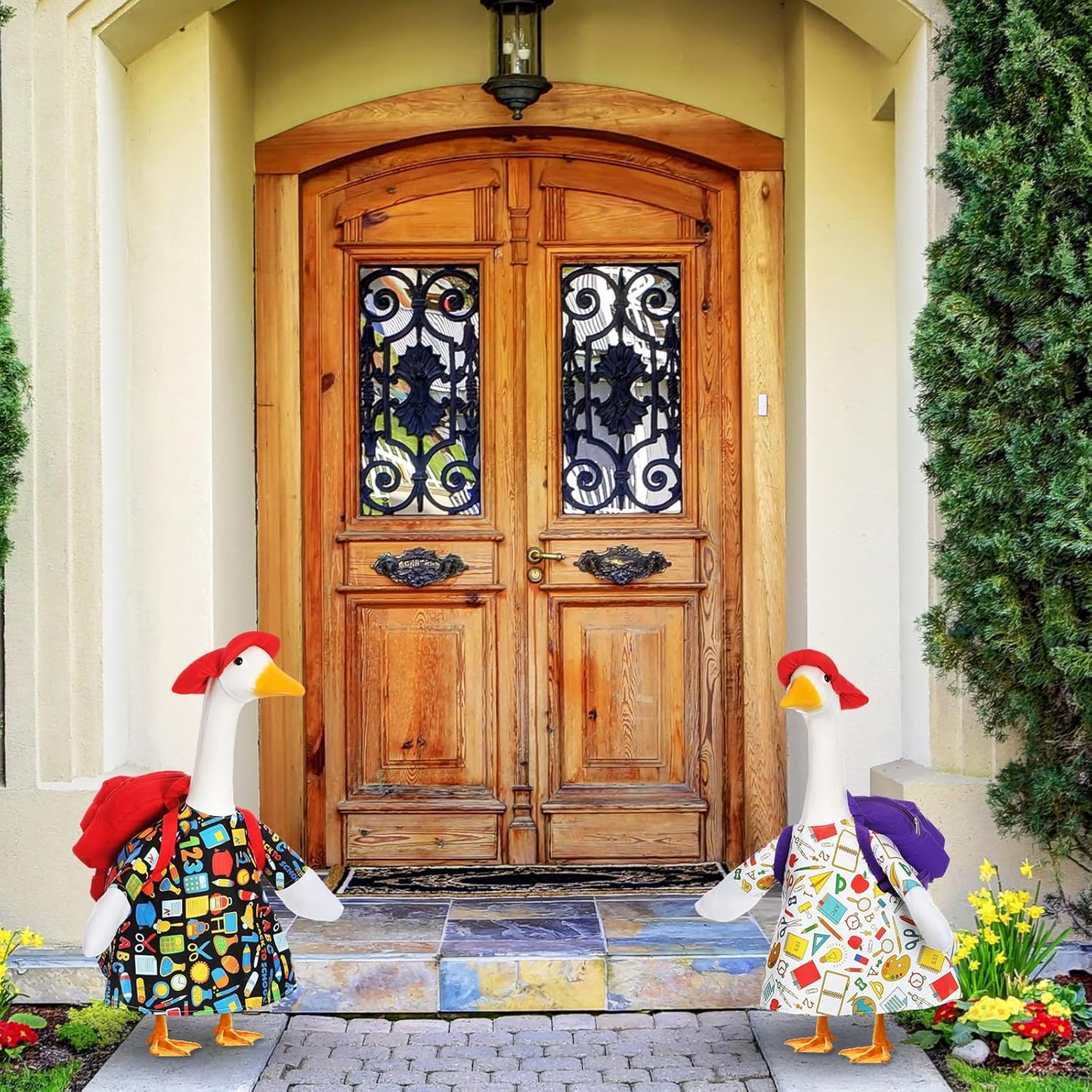 2 Set Halloween Porch Goose Outfit Set for 23'' Plastic Garden Statue Lawn Porch Goose Clothes Costume Accessories for School Outdoor Home Patio Yard Decor(Schoolbag Style)