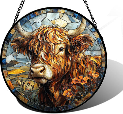 Stained Glass Window Hanging - Funny Cow Flower Suncatcher Ready to Hang Window Doors Home Decoration and Christmas, Mother's Day Birthday Gifts for Women, Men, and Mom 9.8x9.8 in