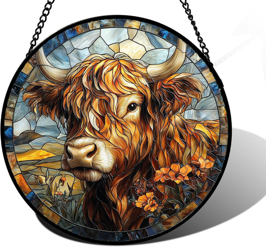 Stained Glass Window Hanging - Funny Cow Flower Suncatcher Ready to Hang Window Doors Home
