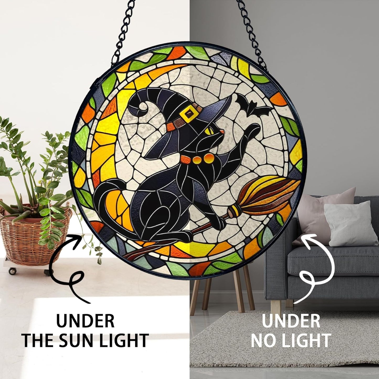 TNUW Halloween Black Cat Stained Glass Window Hanging, Gothic Witchy Black Cat Sun Catchers Indoor Window Glass Round Wall Art Decor, Halloween Wall Hanging Decorations, 7.9＂x7.9＂