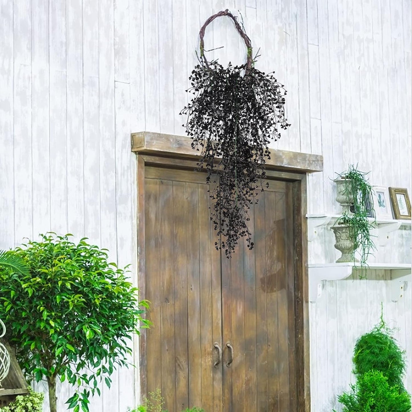 RECUTMS Artificial Hanging Plants Indoor 4 Pcs Artificial Ferns Plants Large Faux Hanging Plant Wall Plants Fake Ivy Room Fall Home Garden Wedding Halloween Party Indoor Outdoor Decor(Black)