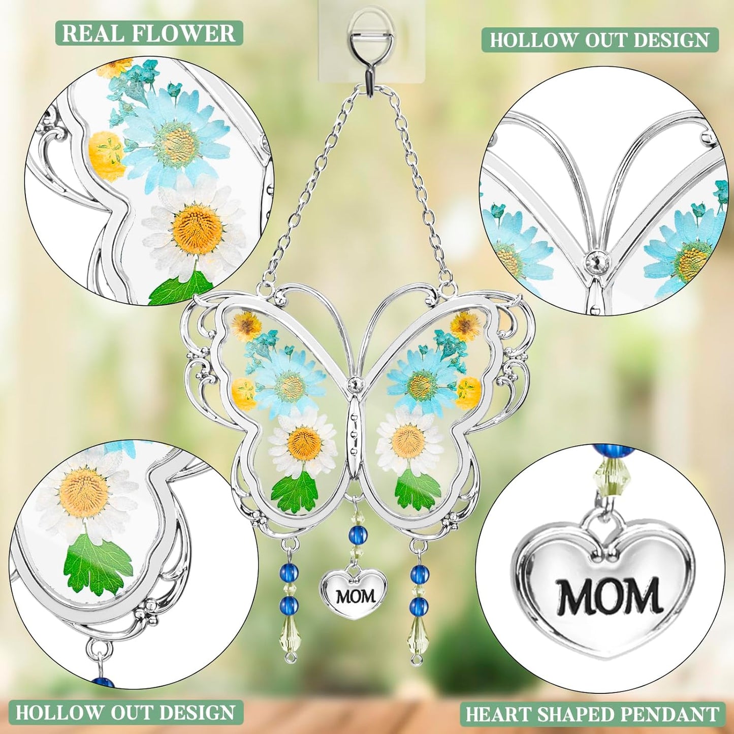 LARAINE Butterfly Suncatcher with Pressed Flower Wings Mom Mother's Day Butterfly Glass Wind Chime Ornament Charm with Metal Heart Gifts for Mom Grandma Aunt Birthday (Grandma, Blue)