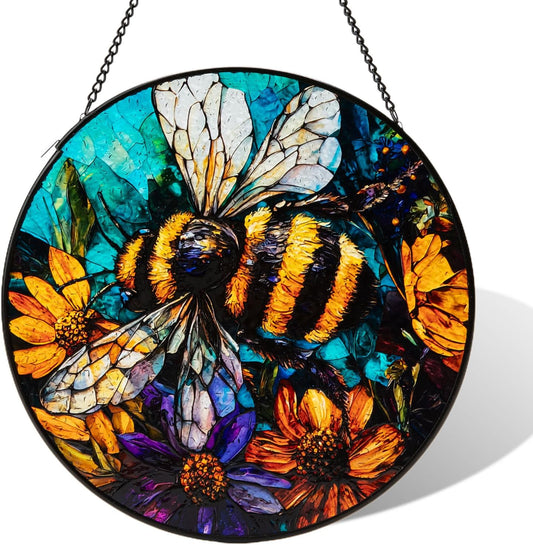 Stained Glass Window Hanging, Bee Yellow Flower Suncatcher for Doors Home Sun Catchers Decoration, Mother's Day Birthday Gifts for Women, Men, and Mom (8 Inch)