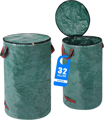 2 Pack 32 Gallons Reusable Yard Waste Bags with Zipper Lid Garden Waste Bags with 4 Handles Outdoor Heavy Duty Gardening Lawn Leaf Bags Large Garden bags for Collecting Leaves Weeds Debris