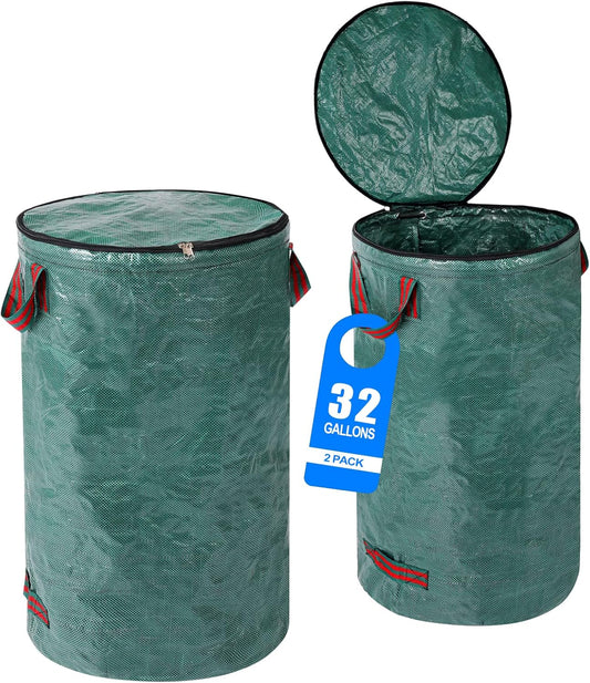 2 Pack 32 Gallons Reusable Yard Waste Bags with Zipper Lid Garden Waste Bags with 4 Handles Outdoor