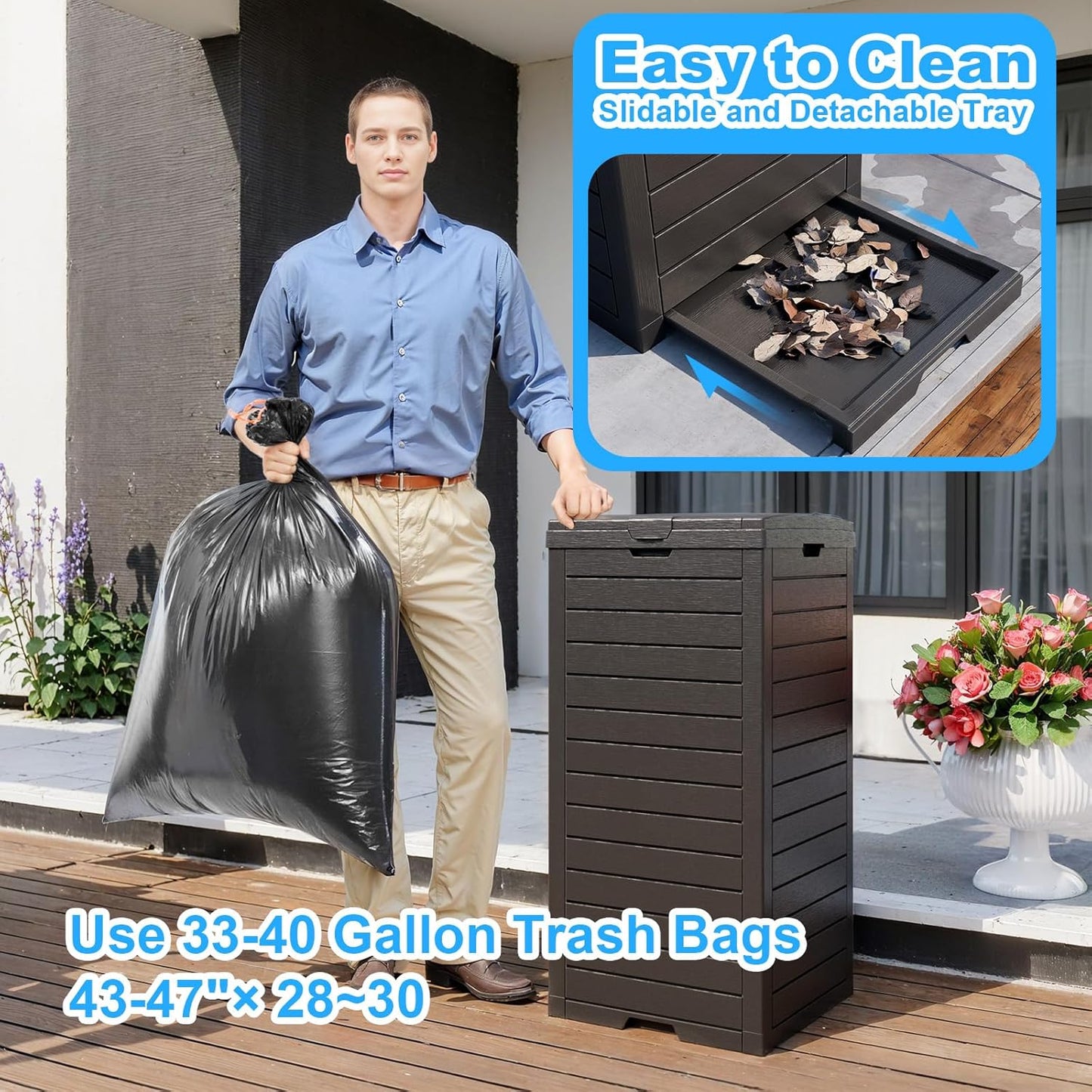 Outdoor Trash Can with Lid, Outdoor Trash Bin & Pull-Out Liquid Drawer, Dual Lid Closure Design, Waterproof Resin Garbage Can Container for Patio, Backyard, Deck (Black, 31 Gallon)