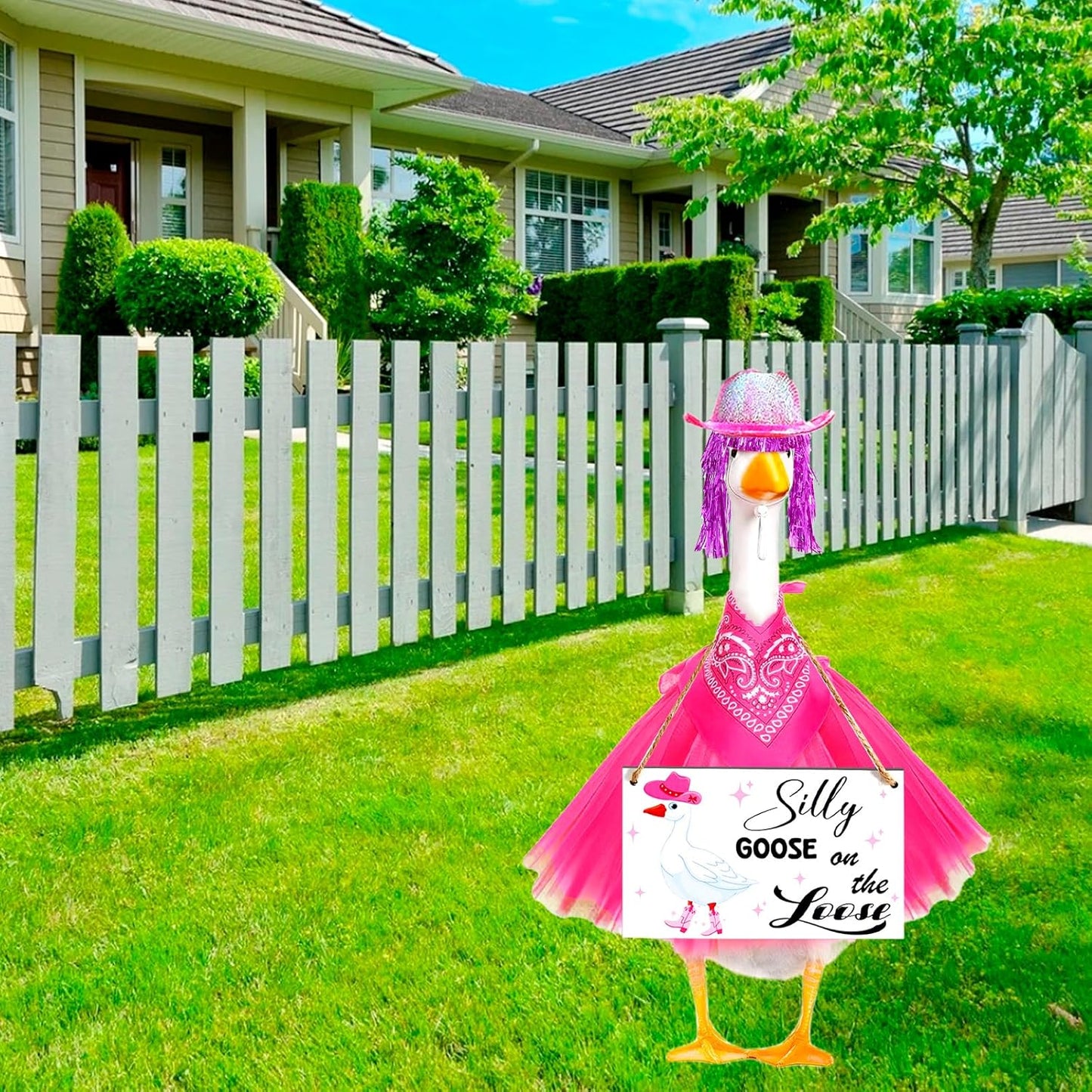 Cowboy Porch Goose Outfit Set for 23" Cement/Plastic Lawn Goose Statue - Silly Goose on The Loose Sign with Hat, Bandana, Lace Tutu Skirt Funny Wigs for Garden Party Yard Outdoor Decor