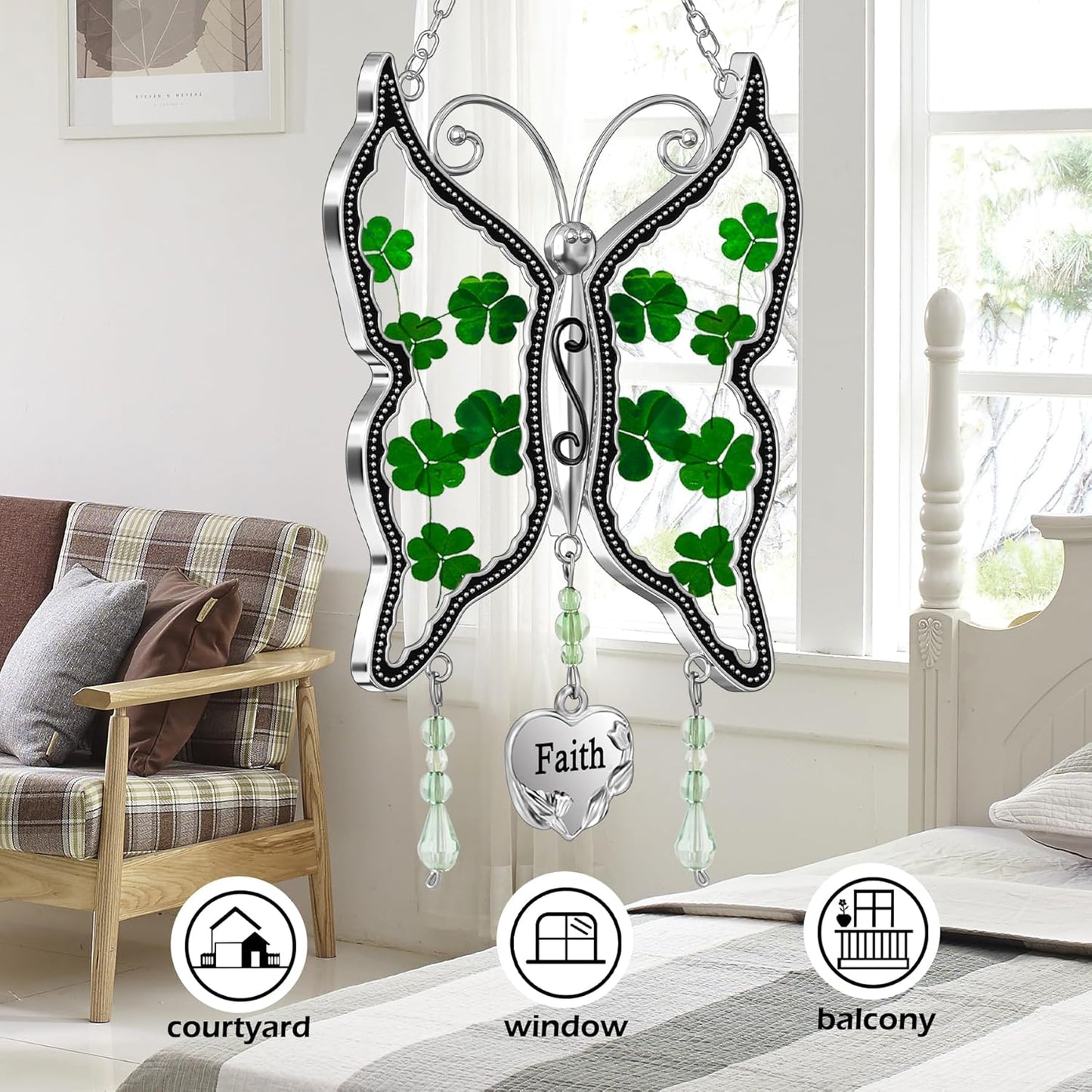KY&BOSAM Shamrock Butterfly Suncatcher Faith Stained Glass Irish Suncatchers for Windows Hangings Ornament Wind Chimes With Real Flower in Glass as Brithday Gift for Mothers Day St Patrick's Day Decor