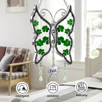 KY&BOSAM Shamrock Butterfly Suncatcher Faith Stained Glass Irish Suncatchers for Windows Hangings Ornament Wind Chimes With Real Flower in Glass as Brithday Gift for Mothers Day St Patrick's Day Decor