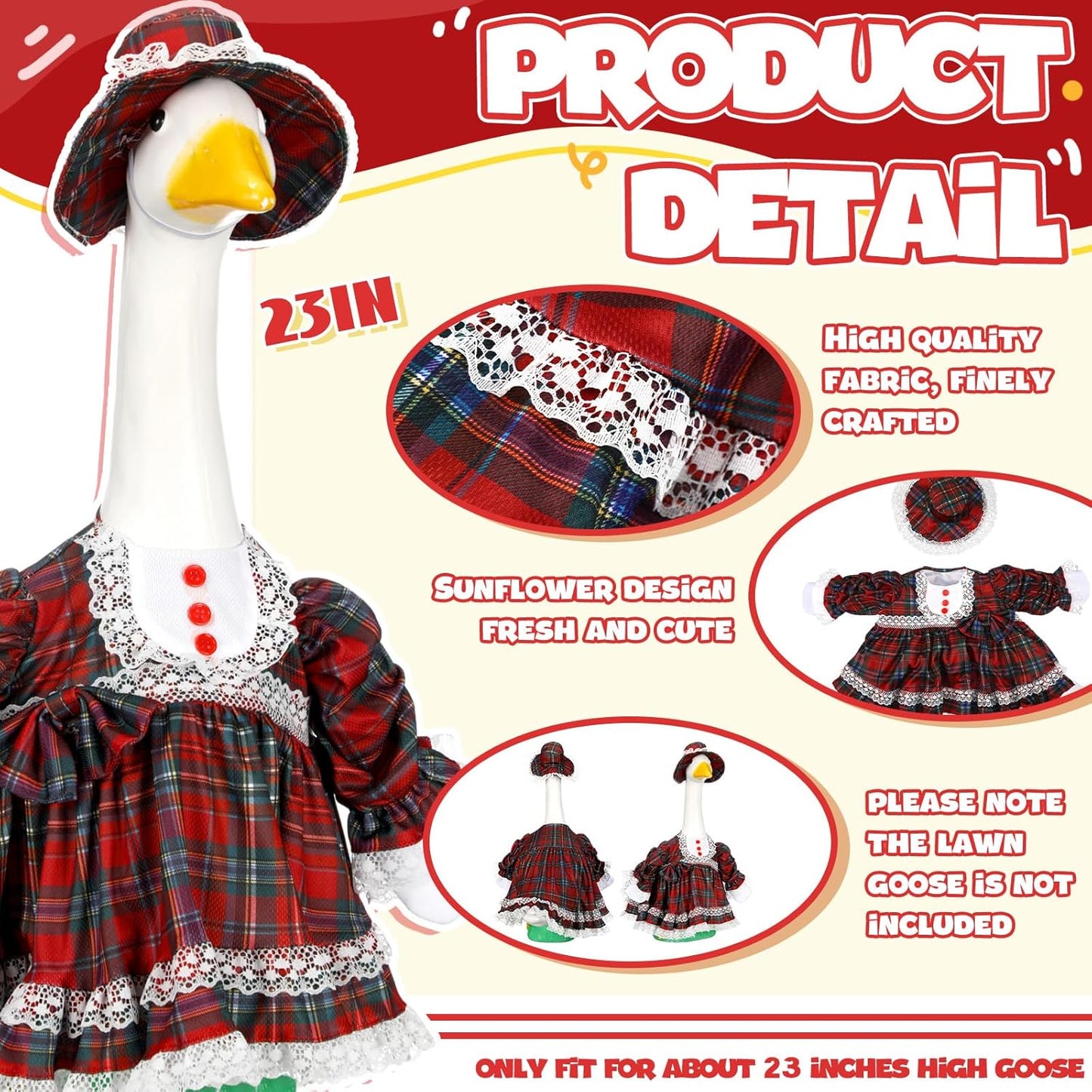 Soulchen 1 Set Christmas Plaid Porch Goose Outfit 23 Inch Xmas Cement Goose Clothes Dress and Hat Costume Set for Holiday Lawn Garden Yard Decor