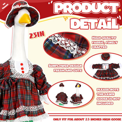 Soulchen 1 Set Christmas Plaid Porch Goose Outfit 23 Inch Xmas Cement Goose Clothes Dress and Hat Costume Set for Holiday Lawn Garden Yard Decor