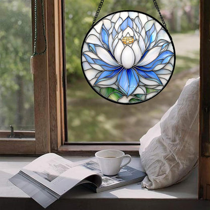 Stained Glass Window Hanging - Blue and White Lotus Petal Suncatcher for Doors Window Home Sun Catchers Decor Christmas Mother's Day July Birthday Gifts for Teacher Women Men Mom Nana 14.9 in