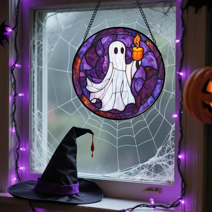 Stained Glass Window Hanging - Halloween Decorations Ghost Suncatcher for Doors Garden Indoor Spooky Funny Purple Sun Catchers Gothic Decor Horror Gifts for Women Men Friend 11.8 in