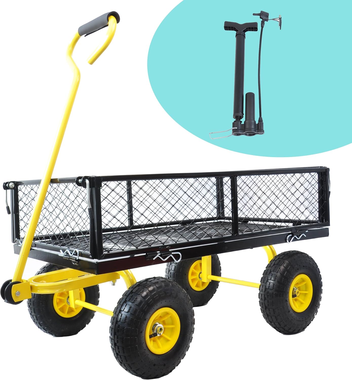 Steel Garden Cart 400 lbs Capacity with Removable Steel Mesh Sides to Convert into Flatbed, Utility Metal Wagon 180°Rotating Handle Multi-Purpose