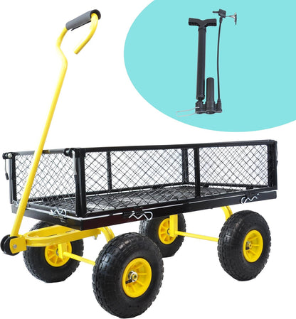 Steel Garden Cart 400 lbs Capacity with Removable Steel Mesh Sides to Convert into Flatbed, Utility Metal Wagon 180°Rotating Handle Multi-Purpose