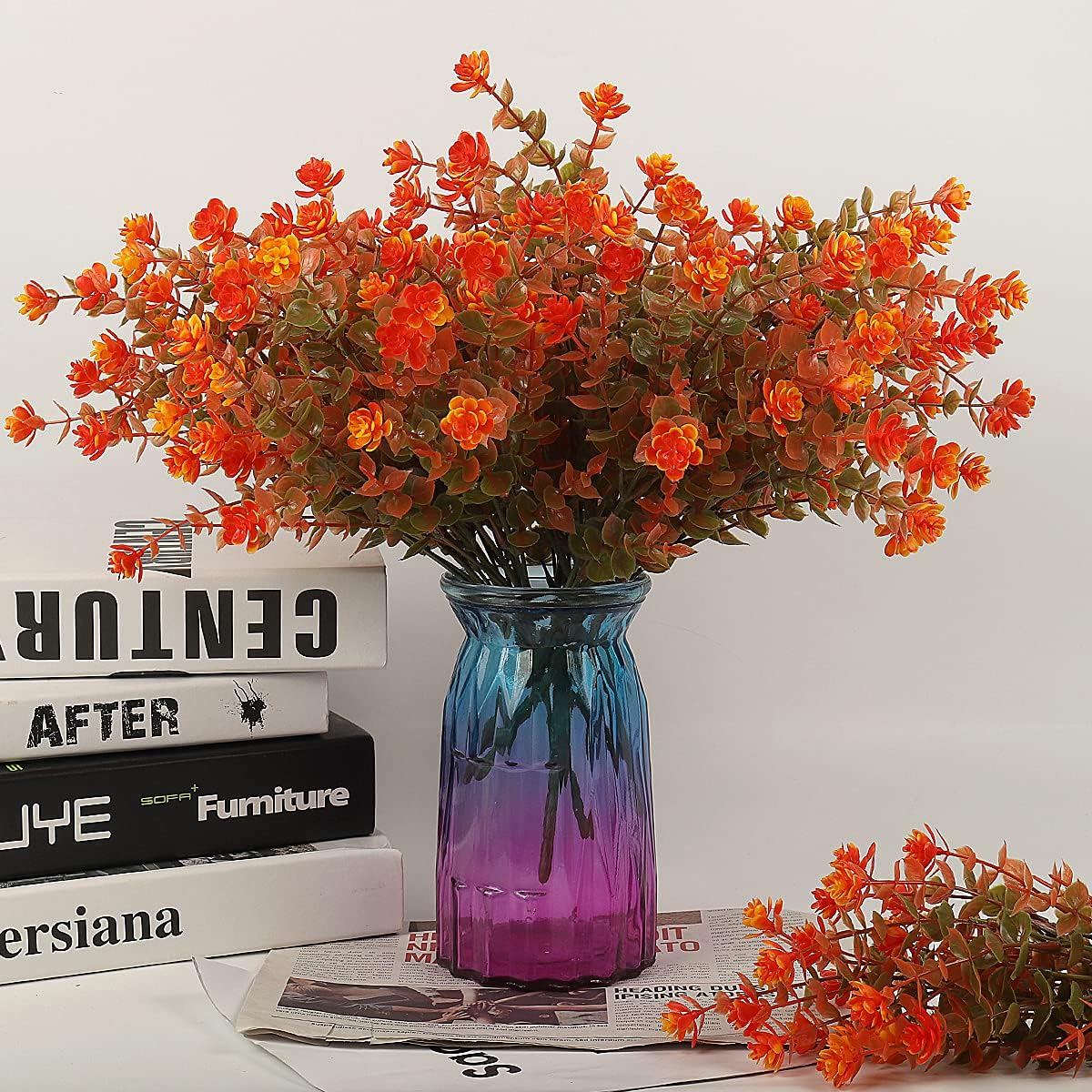 12 Bundles Artificial Outdoor Flowers UV Resistant Fake Plastic Plants No Fade Faux Fall Flowers for Hanging Planter Garden Porch Patio Window Box Wedding Thanksgiving Halloween Decor(Green Orange)