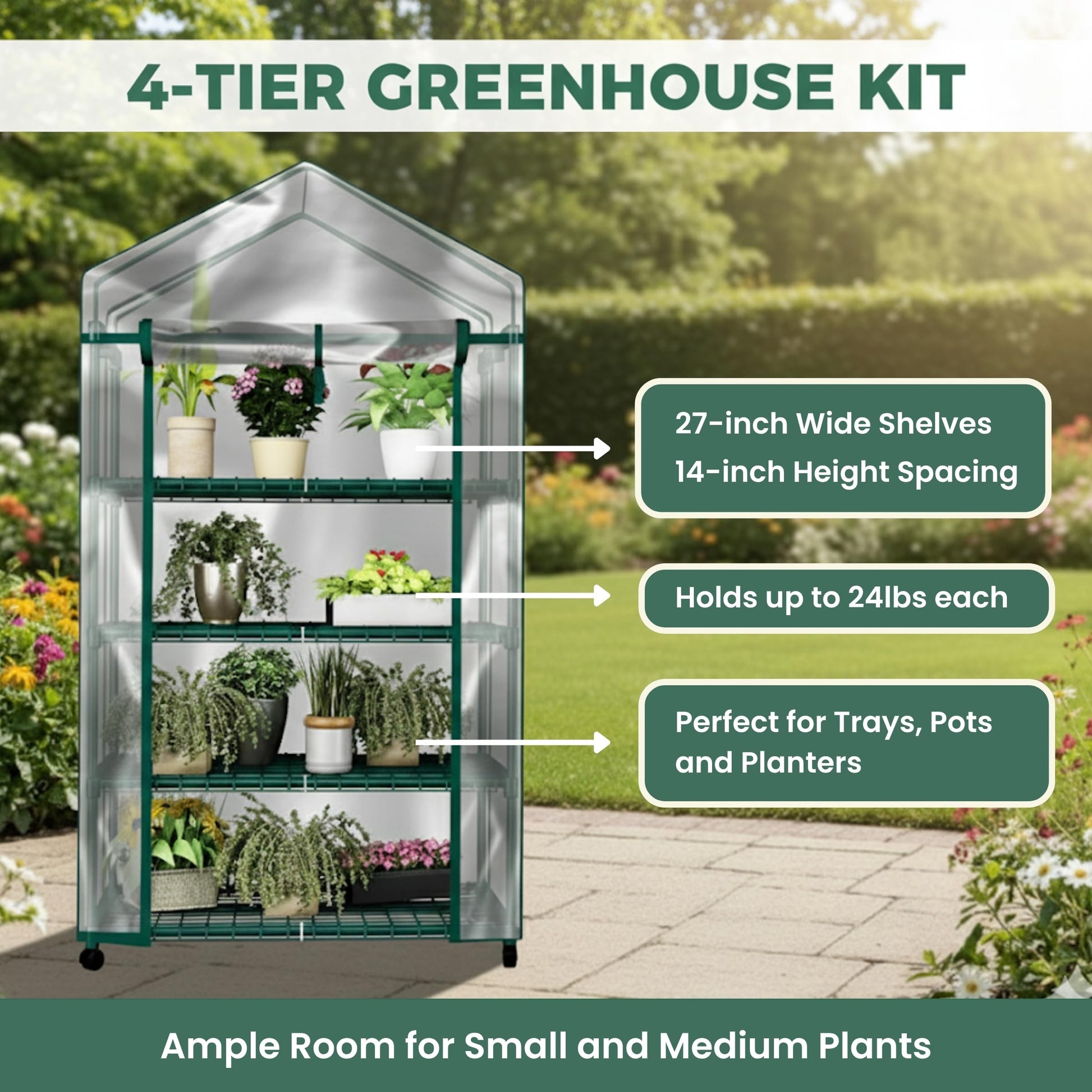 4 Tier Mini Greenhouse - Portable Greenhouse with Locking Wheels and PVC Cover for Indoor or