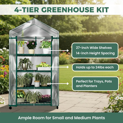 4 Tier Mini Greenhouse - Portable Greenhouse with Locking Wheels and PVC Cover for Indoor or