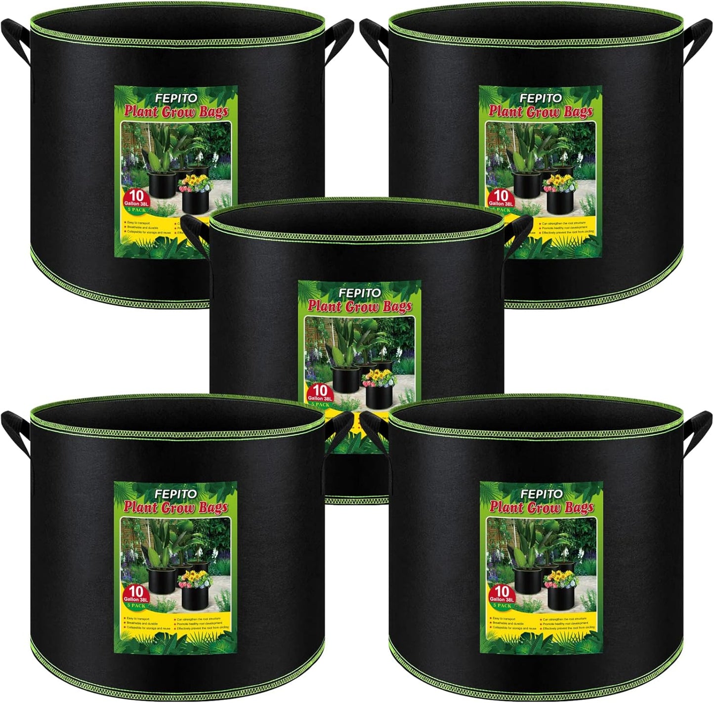 FEPITO 5 Pack 10 Gallon Grow Bags Heavy Duty Aeration Fabric Pots Plant Grow Bags with Handles Thickened Nonwoven Fabric Pots for Vegetable Fruits Flowers Plant