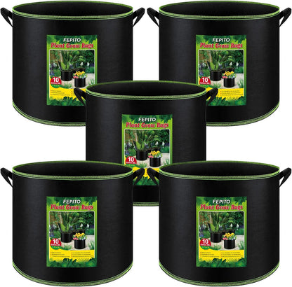 FEPITO 5 Pack 10 Gallon Grow Bags Heavy Duty Aeration Fabric Pots Plant Grow Bags with Handles Thickened Nonwoven Fabric Pots for Vegetable Fruits Flowers Plant