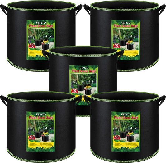 FEPITO 5 Pack 10 Gallon Grow Bags Heavy Duty Aeration Fabric Pots Plant Grow Bags with Handles Thickened Nonwoven Fabric Pots for Vegetable Fruits Flowers Plant