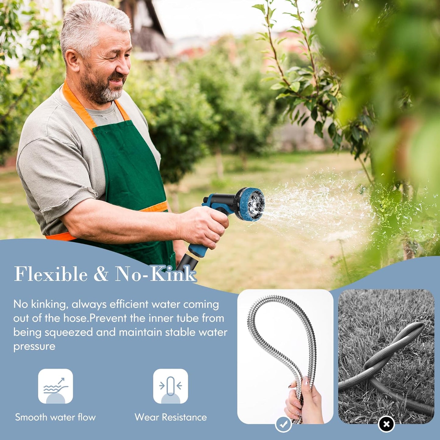 Garden Hose 50FT, Water Hose with 10 Function Nozzle, Garden Hose Metal with Leak-proof Connectors, No-Kink, Lightweight, Puncture-proof, Pet-proof, Sturdy, 550PSI, Hose for Outdoor, Yard