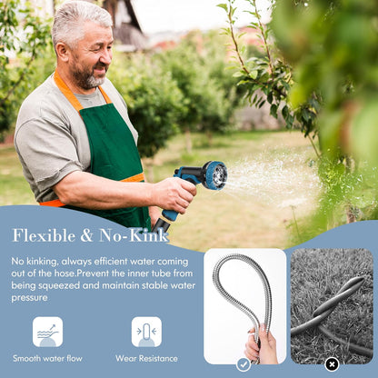 Garden Hose 50FT, Water Hose with 10 Function Nozzle, Garden Hose Metal with Leak-proof Connectors, No-Kink, Lightweight, Puncture-proof, Pet-proof, Sturdy, 550PSI, Hose for Outdoor, Yard