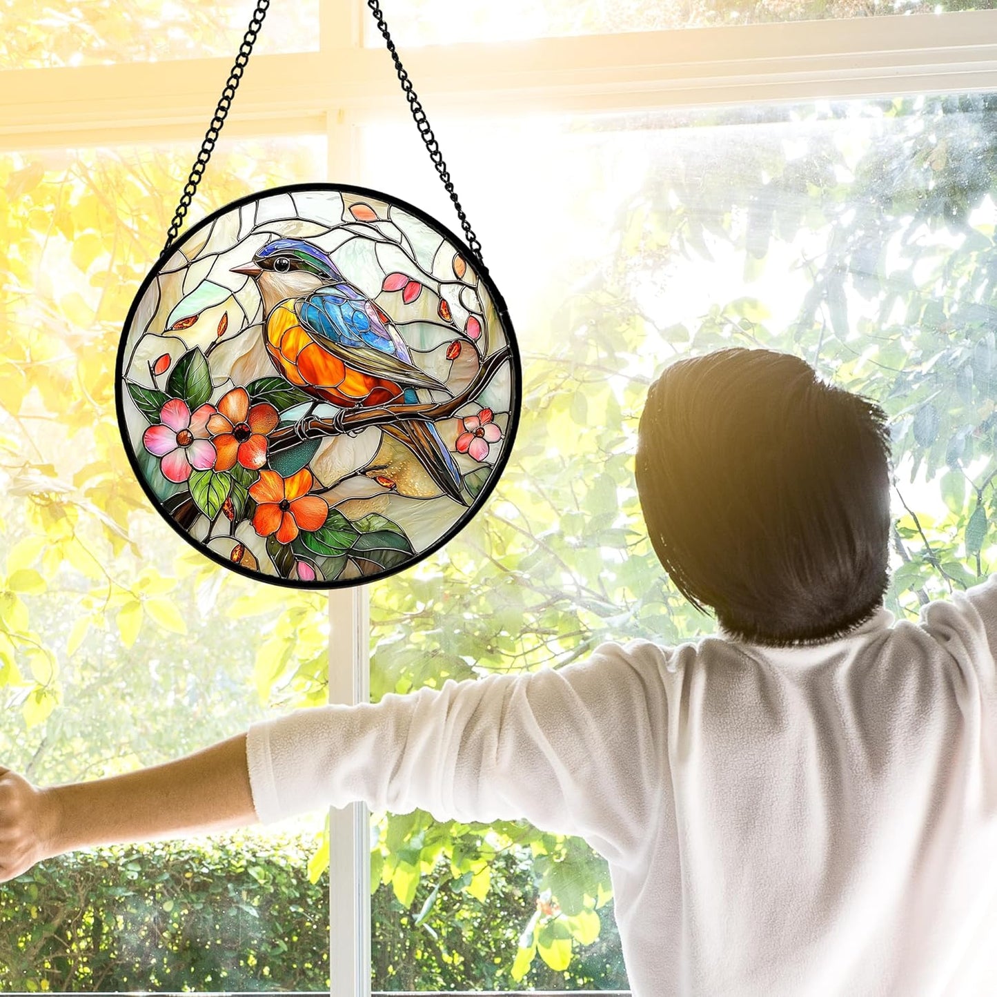 Stained Glass Window Hanging, Blue Bird Pink Flower Suncatcher Diamond Glass Panel Bird Sun Catchers Decor for Birthday for Women, Men, Wife, Aunt, and Mom 6.3 in