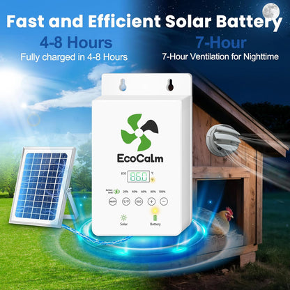 Solar Powered Fan with Battery and Adjustable Thermostat, 6“ Solar Fan for Chicken Coop with 12W Bifacial Solar Panel, Outdoor Greenhouse Exhaust Fan with Anti-backflow Valve
