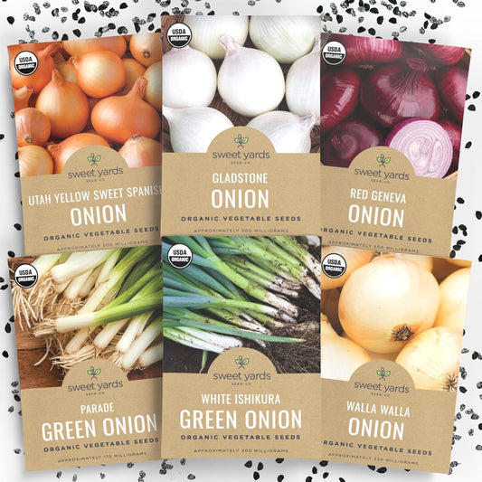Organic Onion Seeds Variety Pack - 6 Individual Packs - 2025 Season - Walla Walla, Gladstone, Red Geneva and More! for Indoor & Outdoor Planting (Non-GMO, Certified Organic) -