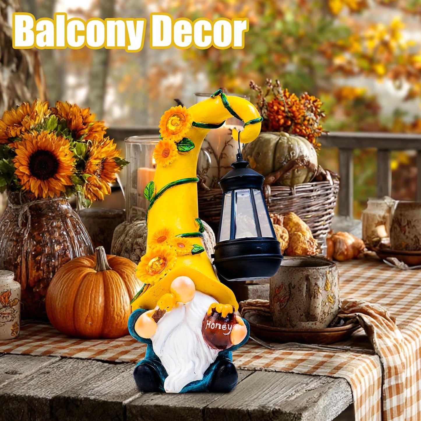 Thanksgiving Decorations for Home Porch 12" Solar Sunflower Gnome Garden Statues Honey Bee Jar Decor with LED Lantern Outdoor Gnomes Decorations Patio Yard Balcony Art Birthday Gifts for Mom Grandma