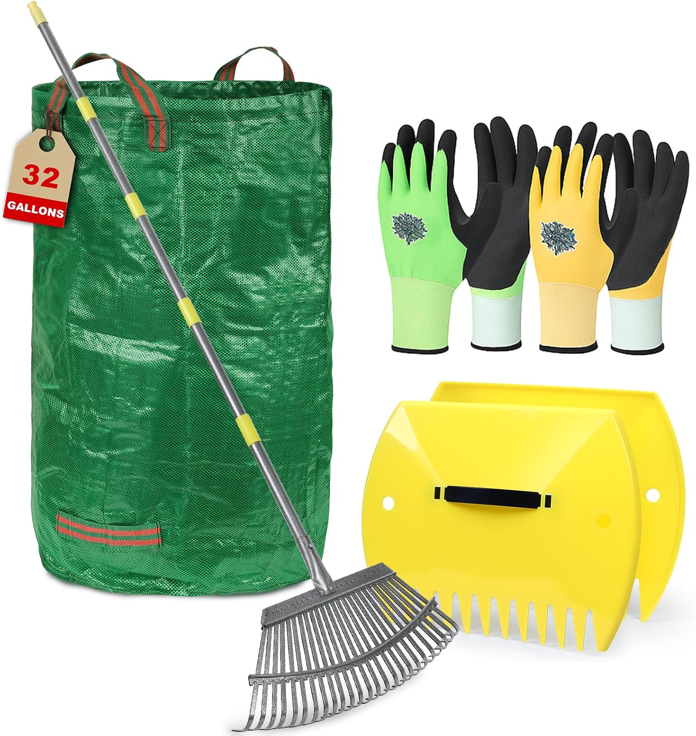 Leaf Cleanup Kit - Adjustable Metal Rake (36-73 in), 32-Gallon Self-Standing Yard/Garden Waste Bag with Support Hoop, Oversized Leaf Scoops (Leaf Claws) & 2 Pairs of Latex-Coated Gardening Gloves