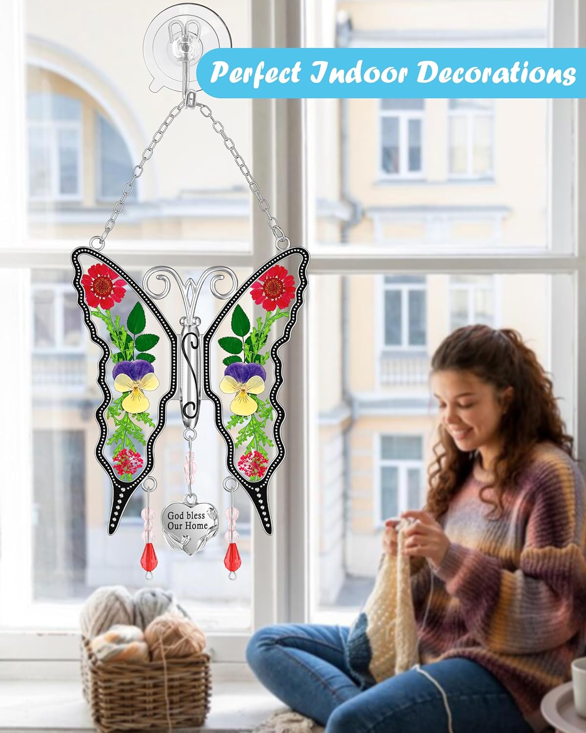 KY&BOSAM Butterfly Suncatcher God Bless Our Home Ornaments Stain Glass Sun Catchers for Windows Hanging Wind Chime Silver Charm Gifts for Home Mother`s Day Valentine's Birthday Thanksgiving Christmas