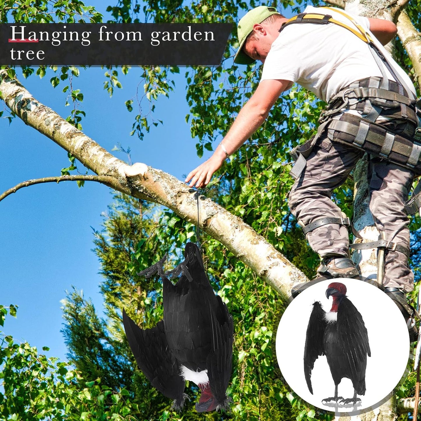 Tenceur 1 Piece Faux Vulture Effigy 18'' Large Fake Vulture Decoys Simulated Full Feathered Realistic Bird Black Hanging Faux Bird Scarecrow for Yard Roofs Trees Garden