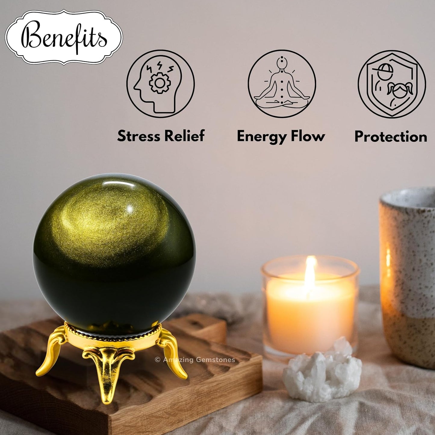 Amazing Gemstone Golden Sheen Obsidian Crystal Ball with Stand - 2 Inches Crystal Sphere Meditation Balls for Witchcraft and Decorative Balls