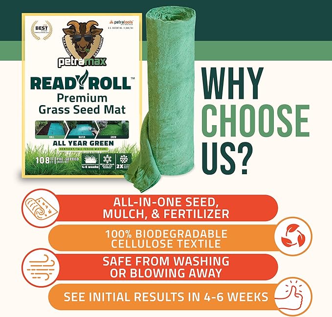 Petramax ReadyRoll Biodegradable Grass Seed Mat for Lawn (432 ft.) - All Year Green 3-in-1 Tall Fescue & Kentucky Grass Seed Rolls w/Mulch & Fertilizer - Lawn Repair Patch - Just Roll, Water, Grow