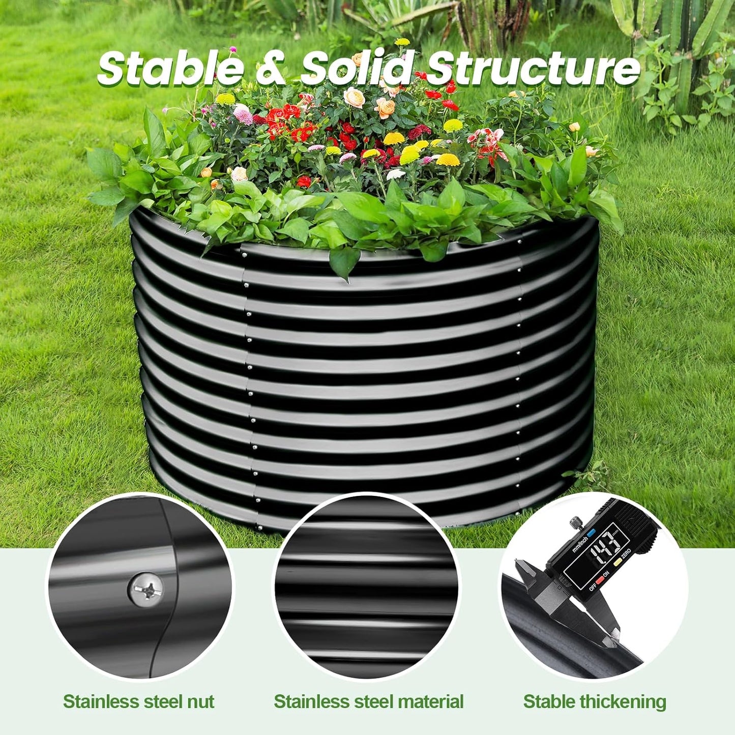 Land Guard 3×3×3ft Galvanized Raised Garden Bed Kit, Round Galvanized Planter Raised Garden Boxes Outdoor, Large Metal Raised Garden Beds for Vegetables, Grey