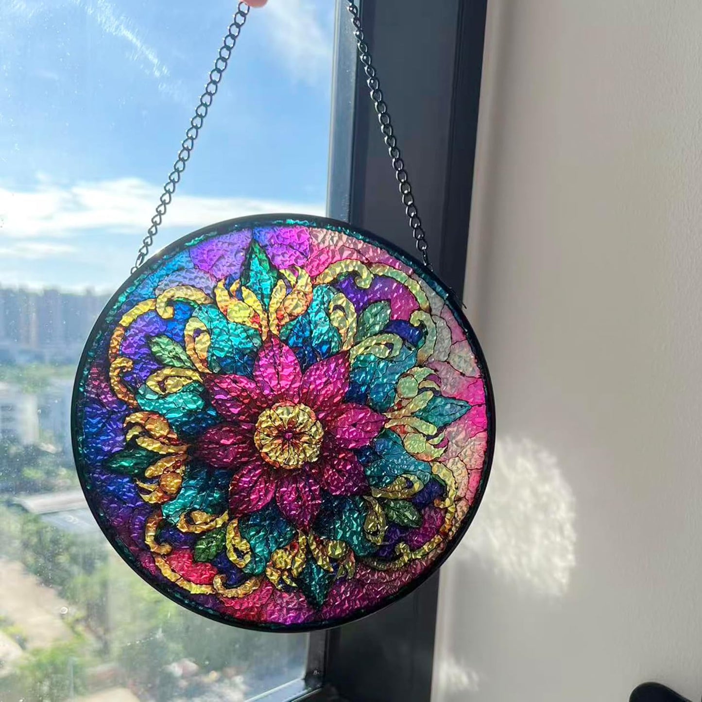 Bohemian Mandala Stained Glass Window Hanging Sun Catcher Indoor Outdoor Home Garden Panel Hangings Gift for Kits Adults (Red)