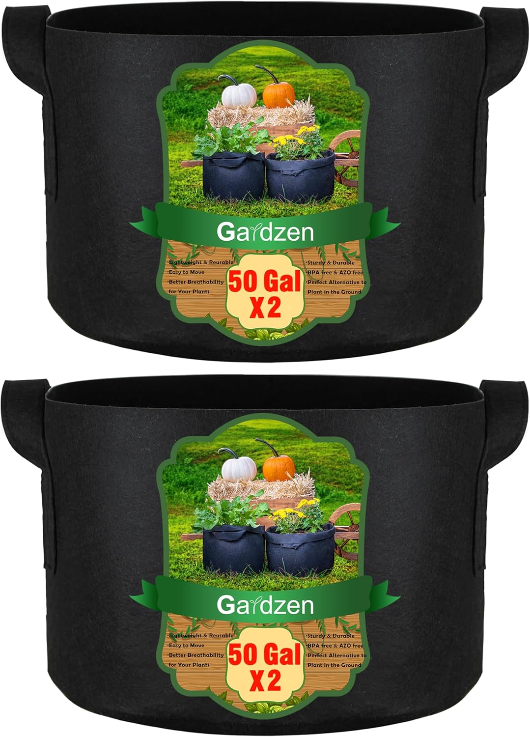 Gardzen 2-Pack 50 Gallon Grow Bags, Aeration Fabric Pots with Handles, Pot for Plants