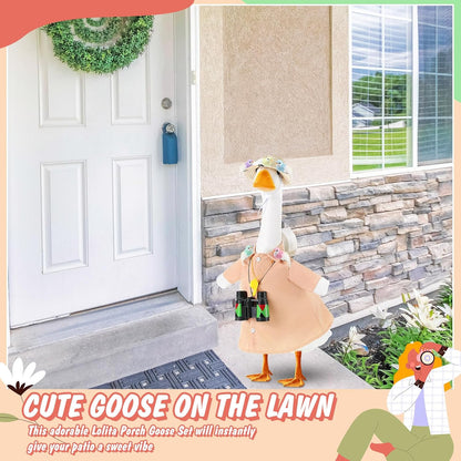 9 Pcs Bird Watcher Goose Outfits Hiking Costume Clothing T-shirt Straw Hat Binoculars Birds Whistle for 23'' Cement Porch Goose Summer Outdoor Garden Yard Lawn Patio Statue Art