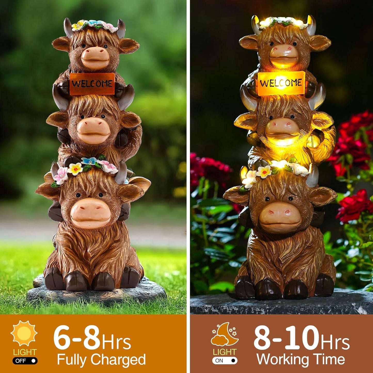 16 in Large Garden Highland Cow Statue Solar Garden Sculptures & Statues with Flower Decoration Birthday Gifts for Women Mom Funny Triple Big Highland Cow Decor for Yard Garden Patio Lawn Ornaments