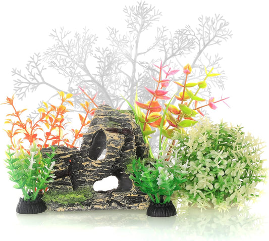 JIH Aquarium Fish Tank White Plastic Plants and Cave Rock Decorations Decor Set 7 Pieces, Small and