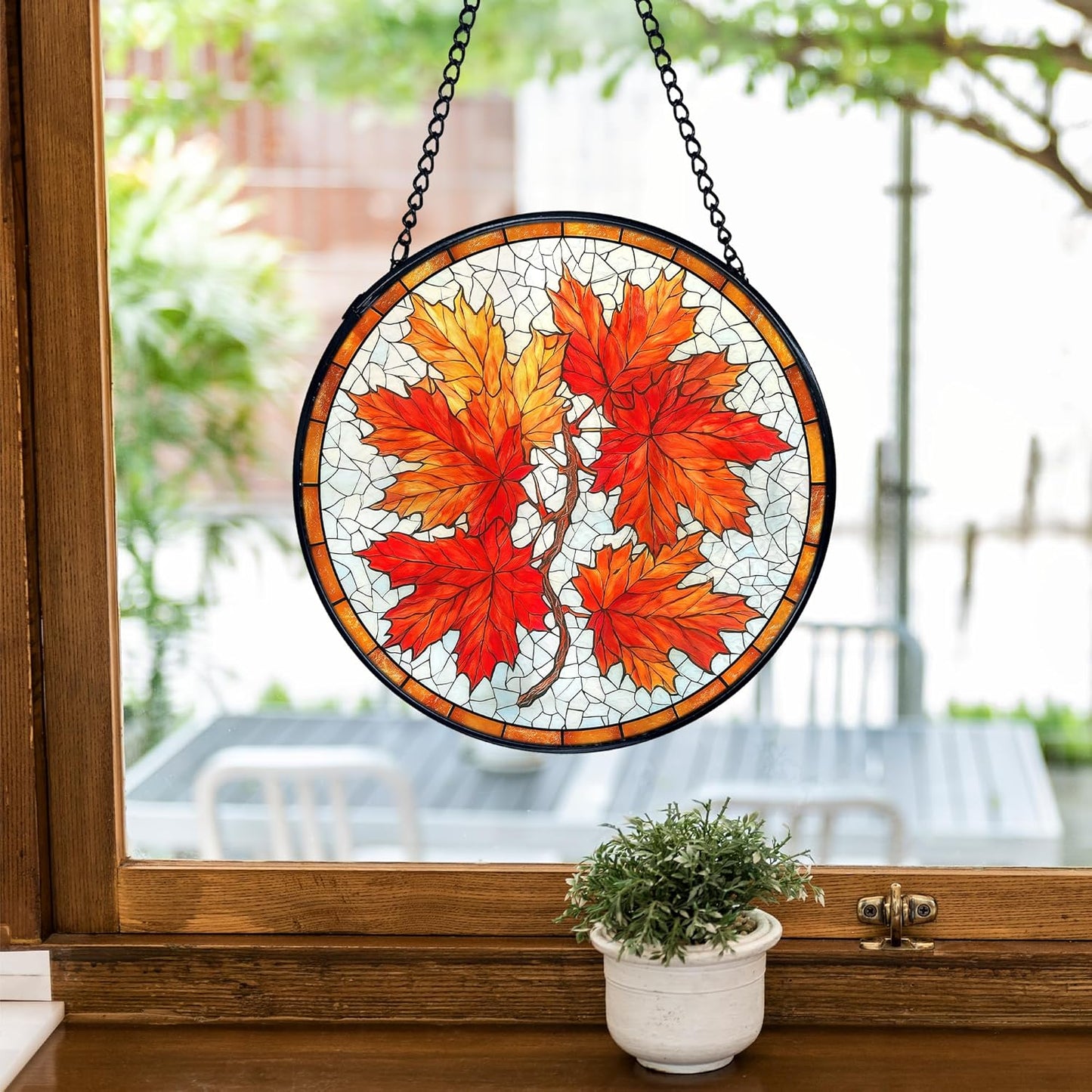 TNUW Fall Maple Leaf Stained Glass Window Hanging, Rustic Autumn Leaves Sun Catchers Indoor Window Glass Round Wall Art Decor, Fall Autumn Wall Hanging Decorations, 7.9＂x7.9＂