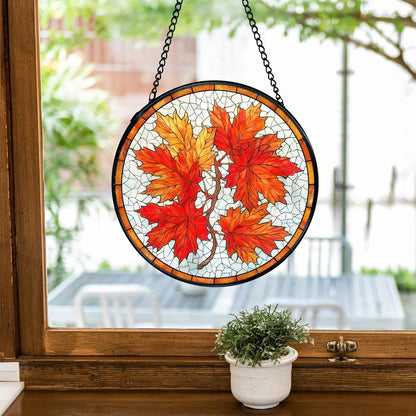 TNUW Fall Maple Leaf Stained Glass Window Hanging, Rustic Autumn Leaves Sun Catchers Indoor Window Glass Round Wall Art Decor, Fall Autumn Wall Hanging Decorations, 7.9＂x7.9＂